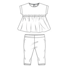 Baby girls tops blouse dress and pants technical drawing fashion flat sketch vector illustration template 