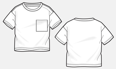 Short sleeve t shirt with pocket technical drawing fashion flat sketch vector illustration template for boys