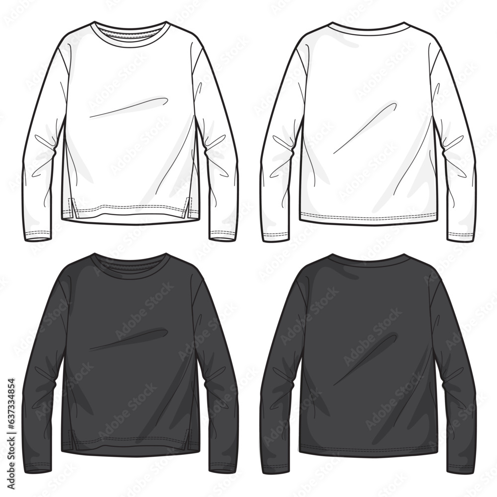 Sticker Long sleeve t shirt technical drawing fashion flat sketch vector illustration white and black color template for women's - Stickers