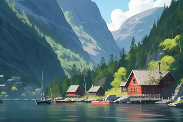 Deurstickers In oil paint style illustration of a small fishing town on the coast of a sea bay with mountains in the background. © OleksandrZastrozhnov