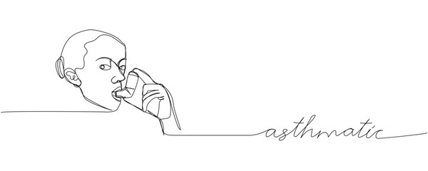 Asthmatic, Using inhalers to treat asthma, salbutamol, Asthma inhaler, medical supplies one line art. Continuous line drawing inhalation, lung treatment with inscription, lettering, handwritten.