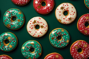 Fototapeta premium Christmas donuts: delicous donut pattern with green, red and gold glaze, decorated