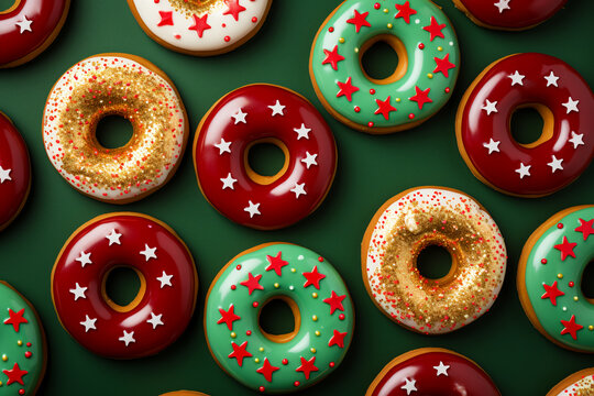 Christmas donuts: delicous donut pattern with green, red and gold glaze, decorated
