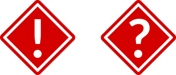 Red Attention Danger or Hazard Question Problem Warning Sign with Exclamation Mark and Question Mark in Diamond Shaped Frame Label Icon Set. Vector Image.