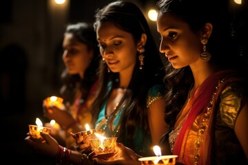 Obraz na płótnie Canvas Diwali Indian girls light candles for Diwali