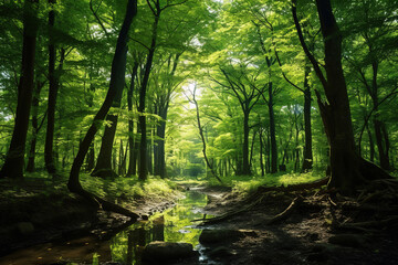 Fototapeta na wymiar sun rays in forest.Generative Ai