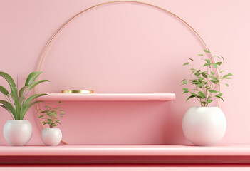 podium table for modeling advertising products on pink background with plant , white wooden table 