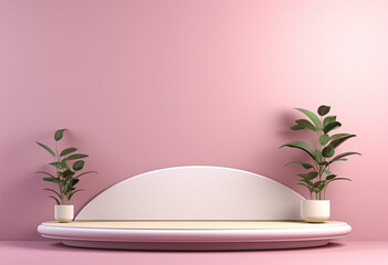 podium table for modeling advertising products on pink background with plant , white wooden table 