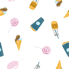 Child seamless pattern with soda, cocktail with a straw, ice cream cone with chocolate, pink lollipop, popcorn in cartoon on white background 