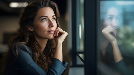 A pensive woman contemplating the view from a window