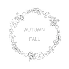 Mushroom, leaves. Hello autumn. Autumn season element, icon. Line art.