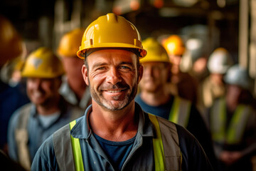 Group of workmen in uniforms and safety helmets at International Labor Day