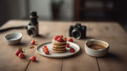 showcases a flat lay of mini pancakes cereal with strawberries served on a white wooden table.