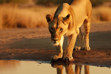 Portrait of wild female lion who stands on african river shore for water drink. Animal thirsty water.