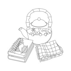 Book, leaves, tea, plaid. Hello autumn. Autumn season element, icon. Line art.