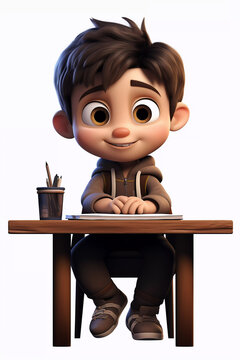 Cartoon Boy is Sitting at a School Desk