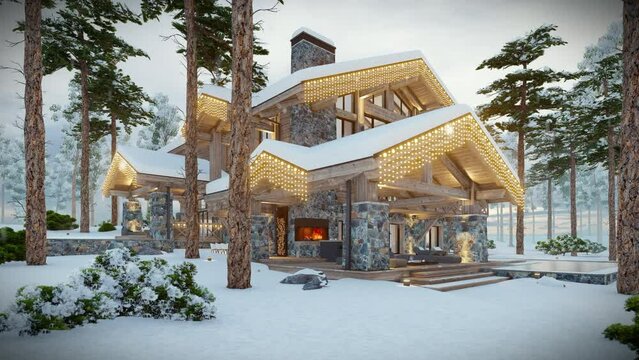 4K video rendering of modern cozy chalet with pool and parking for sale or rent. Beautiful forest mountains on background. Massive timber beams columns. Christmas garlands in New Year holidays