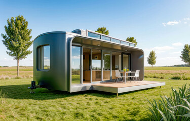 Tiny house moderne en aluminium installée dans un jardin.