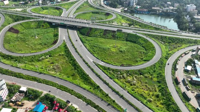 Aerial view of Cloverleaf Interchange with flyover in Bhanga, Bangladesh.
