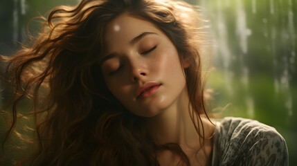 Fototapeta premium Photo of a woman peacefully embracing the rain with closed eyes