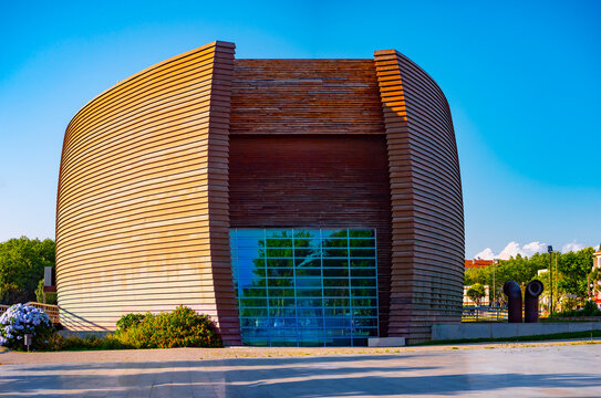 Espinho, Porto Portugal - June 25, 2023: The famous landmark of Espinho City, the cultural Multimedia building illuminated by the sunlight in Porto region, in Portugal