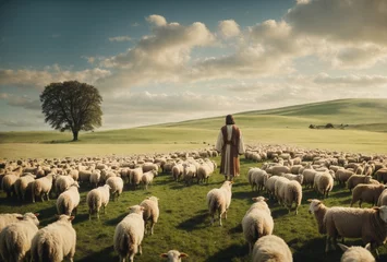 Fotobehang The Good Shepherd Jesus Christ leading the sheep on a sunny meadow, Messiah, Bible, Savior © Nemanja