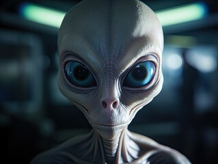 a slim grey alien with big eyes looks directly into the camera doing research in Area 51