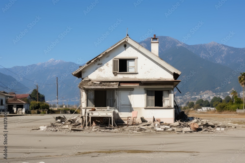 Poster a white house with a lot of rubble in front of a mountain range. generative ai image.
