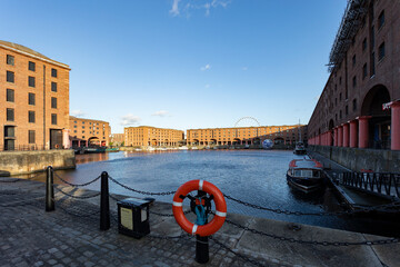 Liverpool, united kingdom May, 16, 2023 Albert Dock with the Merseyside Maritime Museum, the Beatles Story and the Tate Liverpool - obrazy, fototapety, plakaty