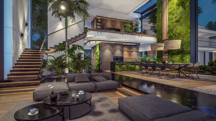 3d rendering of expensive cozy interior with green walls with living dining zone stair and kitchen for sale or rent. Warm interior lighting combined with cold light from night street