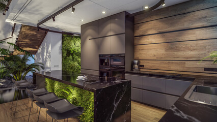 3d rendering of expensive cozy interior with green walls with living dining zone stair and kitchen for sale or rent. Warm interior lighting combined with cold light from night street