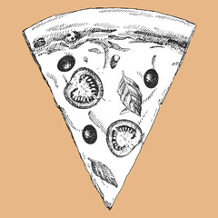 Traditional italian dishes. Hand-drawn illustration of Pizza. Vector. Ink drawing. 