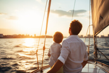 Back view of father and son family sailing on a luxury yacht