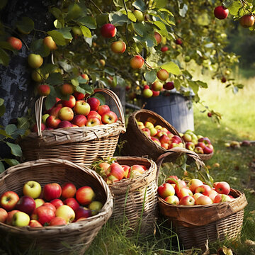 harvest of red apples in wicker basket near apple tree in garden 