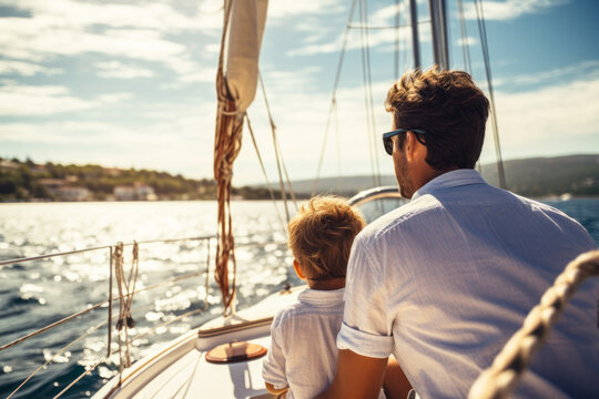 Back view of father and son family sailing on a luxury yacht