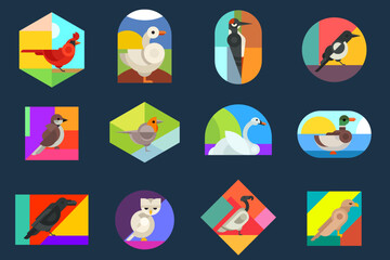 Set bright geometric sticker, patch or banner with birds in minimal mosaic fashion style. Collection simple retro design elements. Vintage cute vector illustration.
