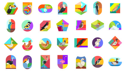 Obraz premium Set bright geometric sticker, patch or banner with birds in minimal mosaic fashion style. Collection simple retro design elements. Vintage cute vector illustration.