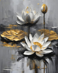 Oil painting. Canvas art. Wall art. Water lily on the water. Lotus. Gray, gold colors