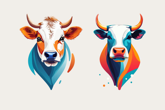 two vector cow heads, bright logo
