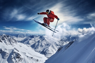 Naklejka na ściany i meble Jumping skier at jump with alpine high mountains