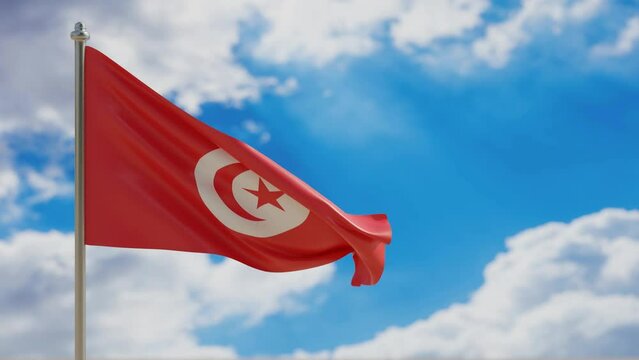 Tunisia country national flag waving on blue sky background. 3d video footage