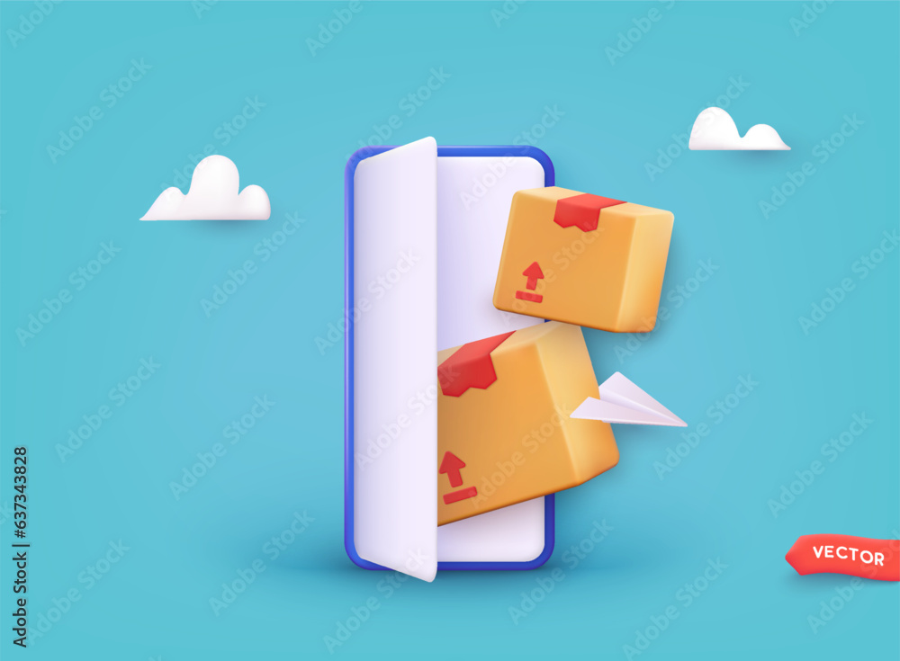 Poster parcel boxes are piled up in front of smartphone screen. delivery to customers. online shopping conc