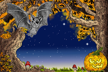 illustration of halloween background with bat and trees