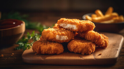 Seared breaded chicken nuggets with French fries on wooden table.