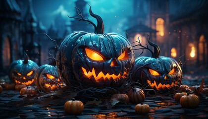 halloween holiday of scary pumpkins with candles, composition of terrible pumpkins in decorations. Made in AI