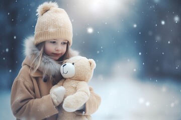 An adorable little girl wrapped in winter magic, surrounded by Christmas greetings and a teddy bear.