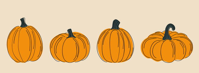 Set of pumpkins of various shapes. Stylized linear style with colorful spots. Modern hand drawn.