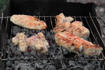 Chicken Fillet Bbq. Grilled Chicken Breast on the hot Grill with Smoke and Fire Flames. Juicy White Meat Steak. Delicious Poultry Roasted Cooked on a Charcoal Barbecue. Camping Food. Outdoors Cooking