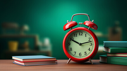 Red clock on desk with books on green copyspace background - obrazy, fototapety, plakaty