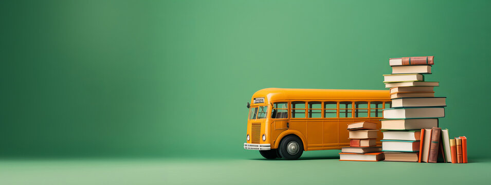 Yellow school bus and books on green copyspace background